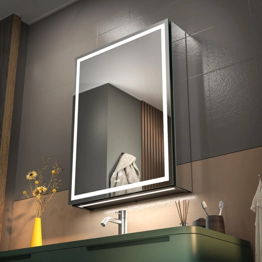 LED Lighted Bathroom Medicine Mirror Cabinet with Sockets & USBs, Anti-Fog Dimmable Light and Color Adjustment