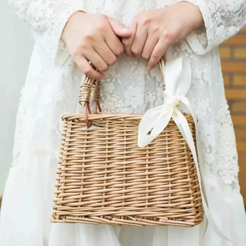 

Wicker Flower Basket Rustic Style Woven Handbag Handmade Rattan Woven Trendy Concise Women Handbag Picnic Fabric Rattan Basket