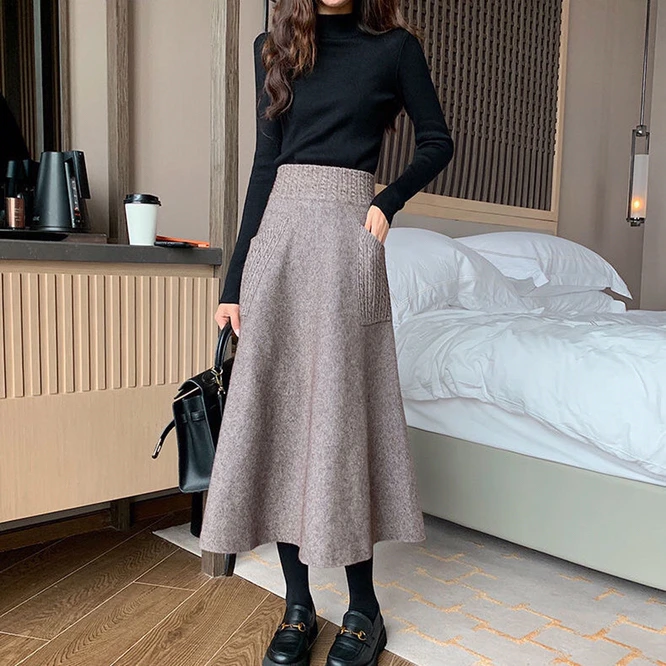 2021 Autumn Winter Women\'s Knitting New Double Pocket Fluffy Loose Wool Medium And Long Girls\' Skirt Leisure Daily Camel Color