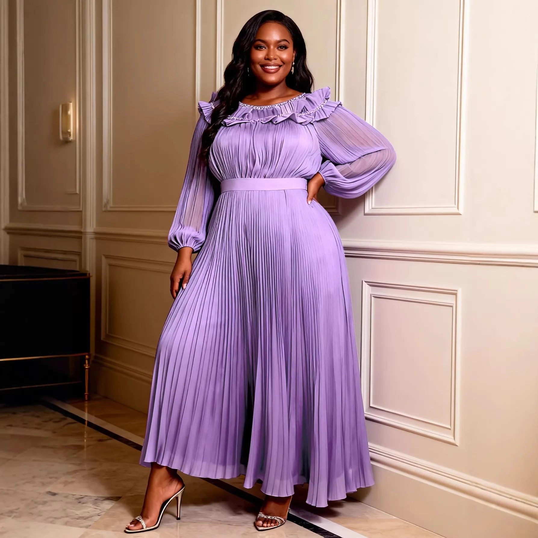 

Africa Clothing Chiffon Wedding Guest Dresses O Neck Lantern Sleeve Ruffles Women Causal Church Special Events Formal Occasions