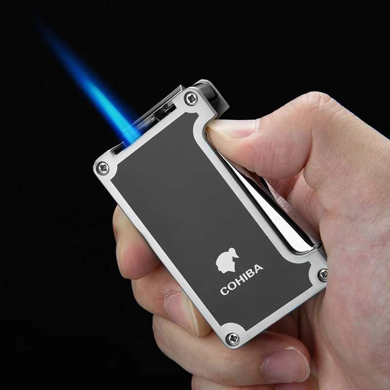 COHIBA Cigar Lighter Metal Direct Spray Blue Flame Portable Butane Gas Windproof Lighter With Cigar Punching Knife High-End Gift