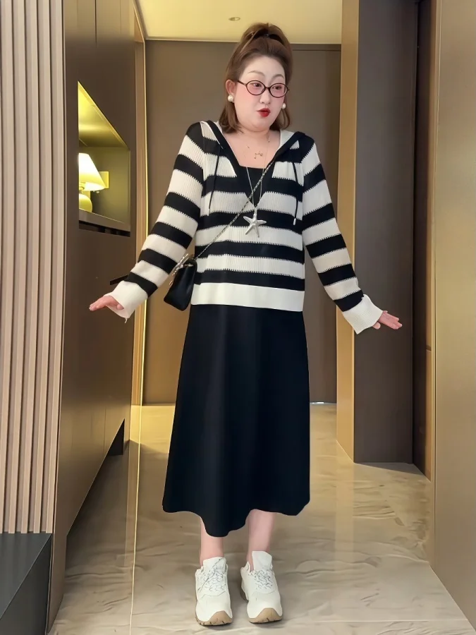 

plus Size Luxury Stripe V-Ne Hooded Knitted Cover up Dr with Strap Two-Piece Set Conceal Meat Casual Workwear Spring