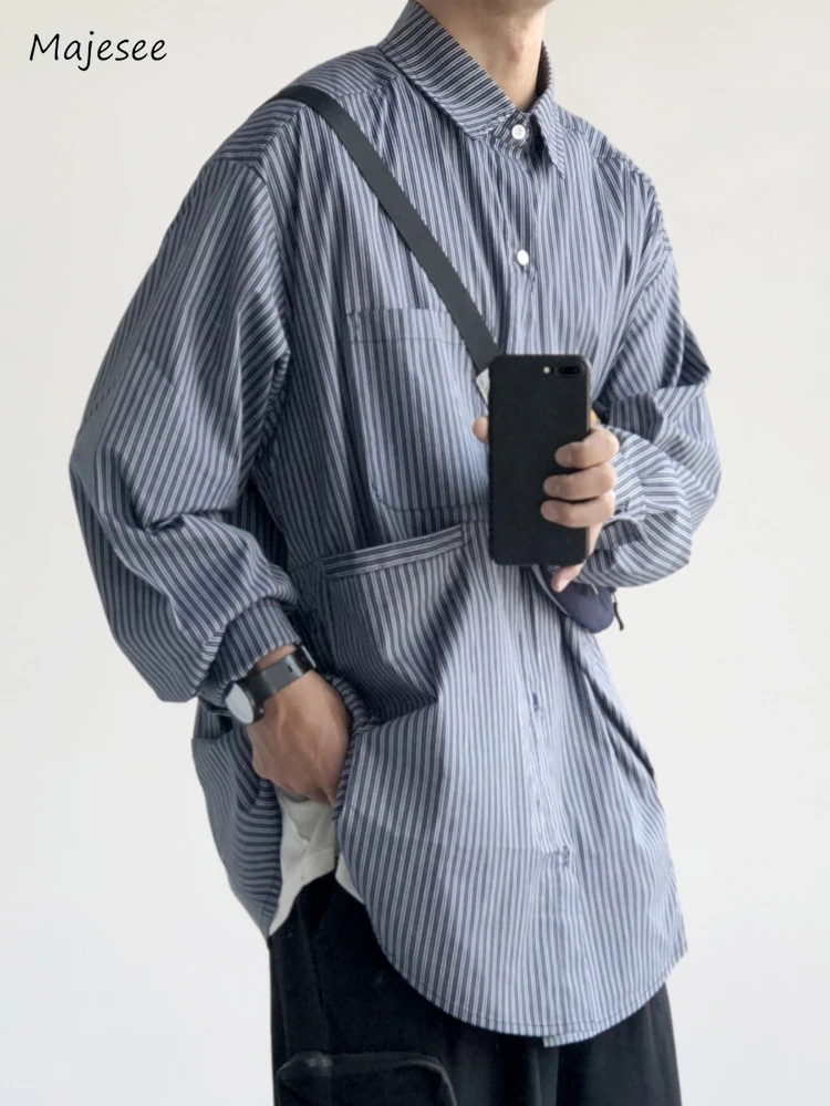 Striped Shirts Men Japanese Style Pockets Baggy Vintage Casual Long Sleeve All-match High Street Hipster Fashion Clothing Spring