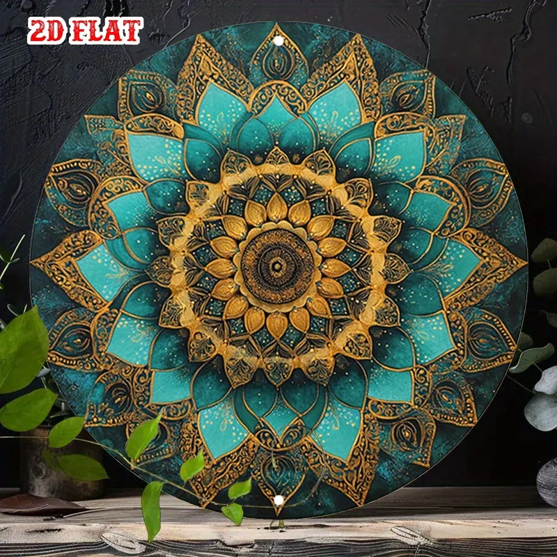 2D Flat - A Single Piece of Classic Tin Art in 2D, Showcasing a Detailed Mandala Adorned with Teal And Golden Floral Designs,