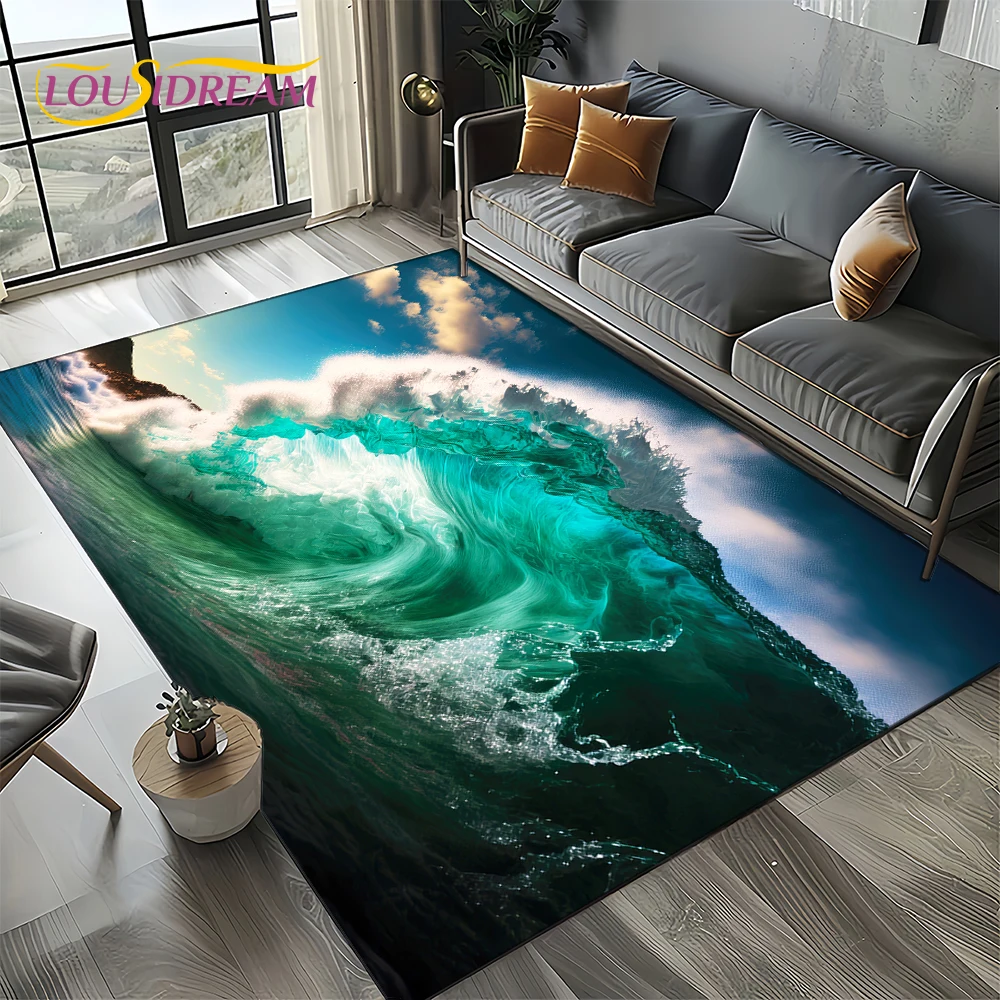 2025 New Style Blue Green Sea Wave Seawater Nature 3D Carpet Rug for Living Room Bedroom Home Sofa Decoration,Non-slip Floor Mat