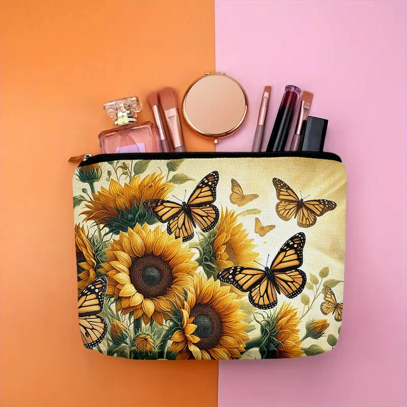 Una bolsa de maquillaje de girasol y mariposa: linda bolsa multifuncional con cremallera para mujer, bolsa para guardar joyas