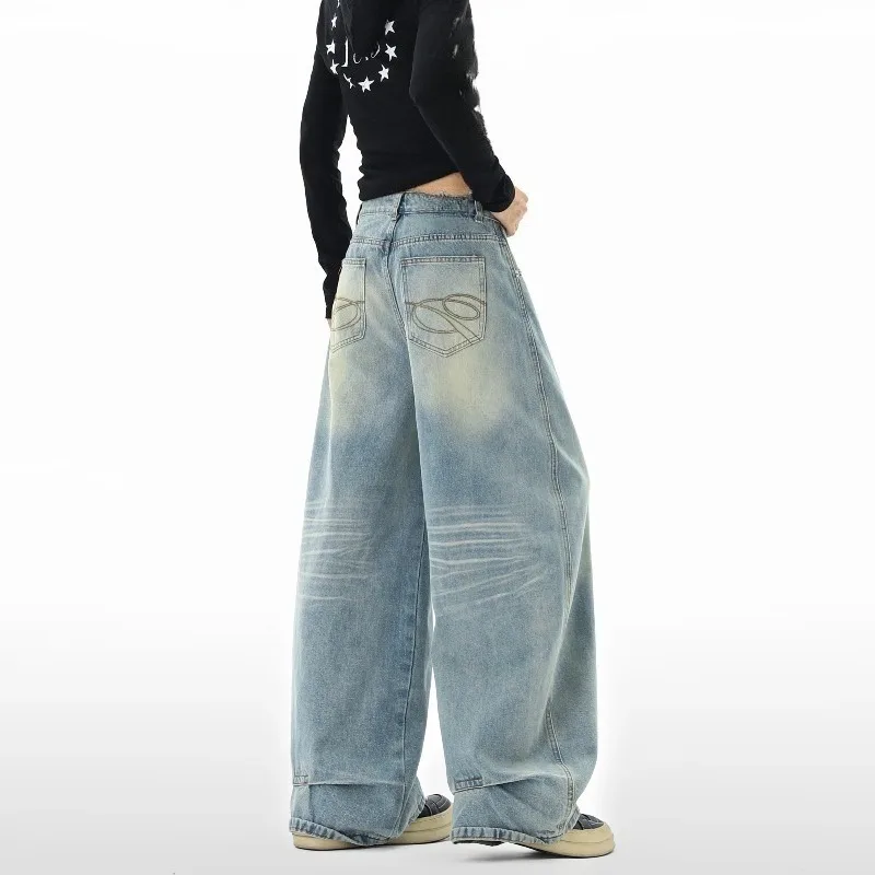 Mens Jeans Harajuku Streetwear Washed Baggy Denim Pants Loose Fit High Quality Dragging Style Irregular Back Pocket Casual Trend