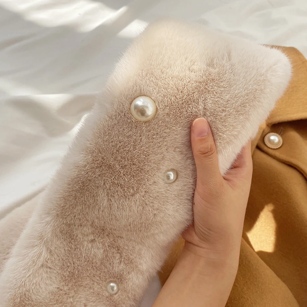 2023 Pearl Faux Rabbit Fur Scarf Women Cute Neck Warmer Winter Warm Soft Furry Scarves Outdoor Windproof Cross Scarf Collar New