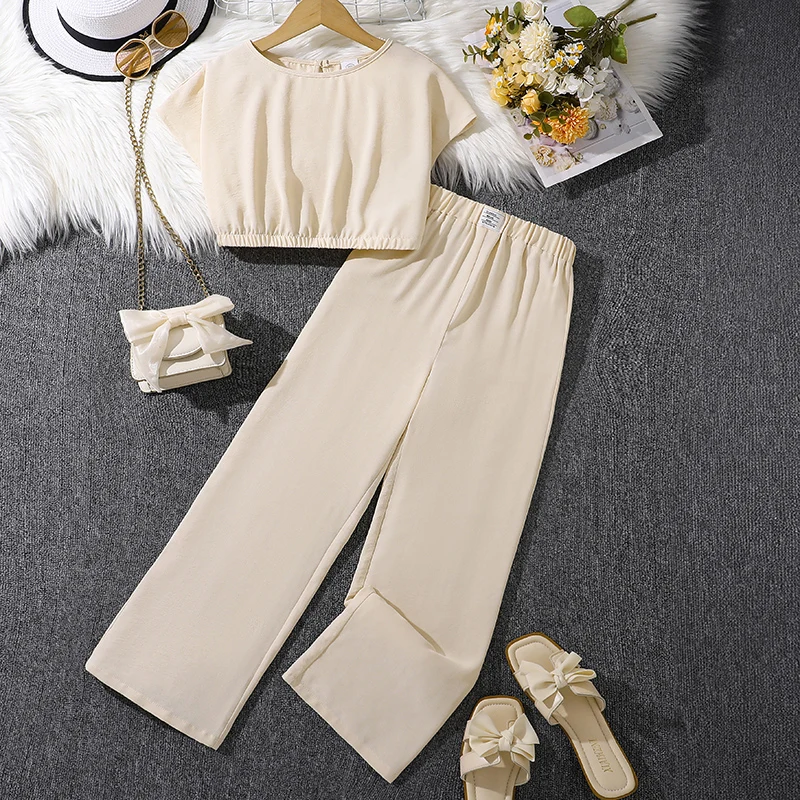 Ensemble de vêtements pour enfants de 8 à 12 ans, col rond, manches volantes, taille élastique, survêtement d'été basique de Style coréen