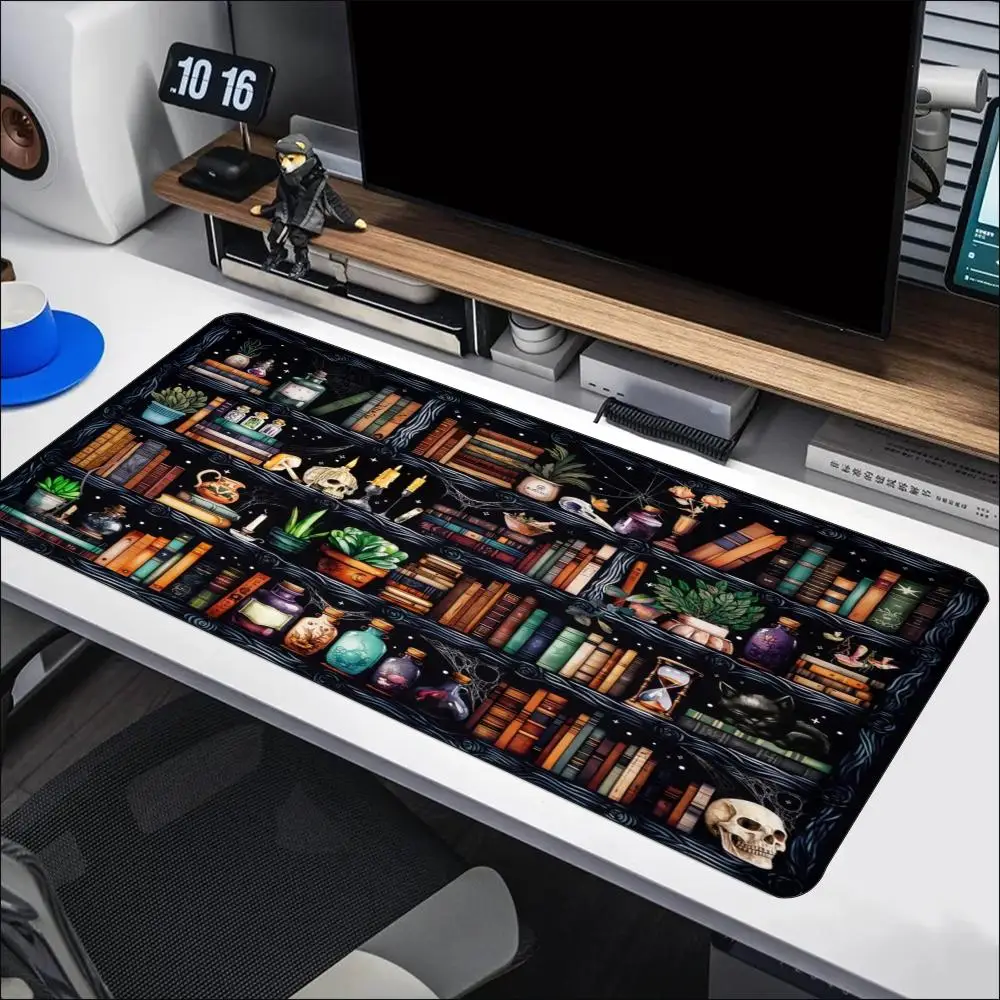Ghosts Bookshelf Old Books Dark Academia Halloween Large Gaming Desk Mat Non Slip Rubber Base XXL Mouse Pad for Computer gamer