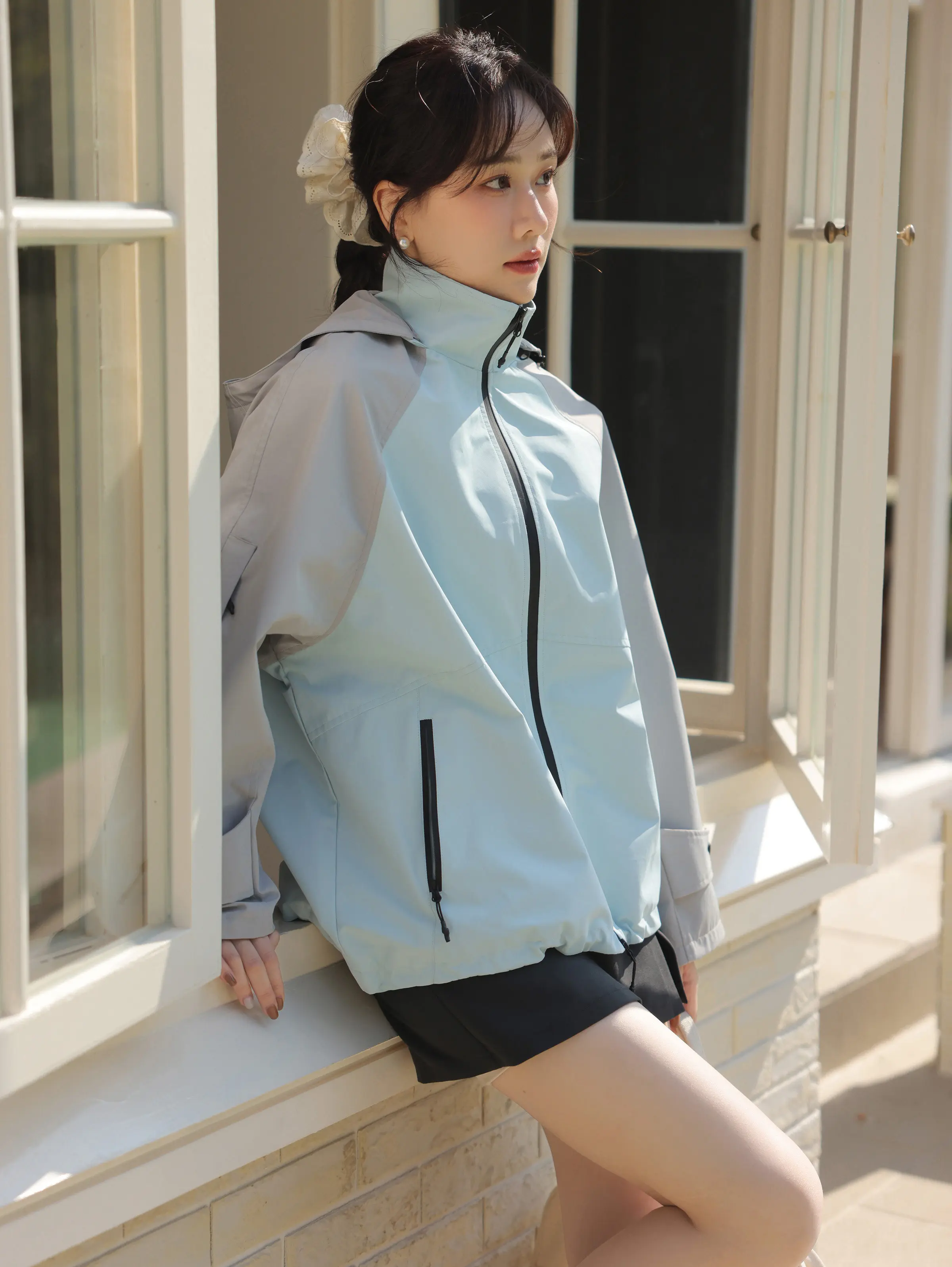 Color Block Hooded Windbreaker Jacket Women Lady Lightweight Waterproof Outdoor Coat Loose Fit Casual Spring Commuter Outerwear