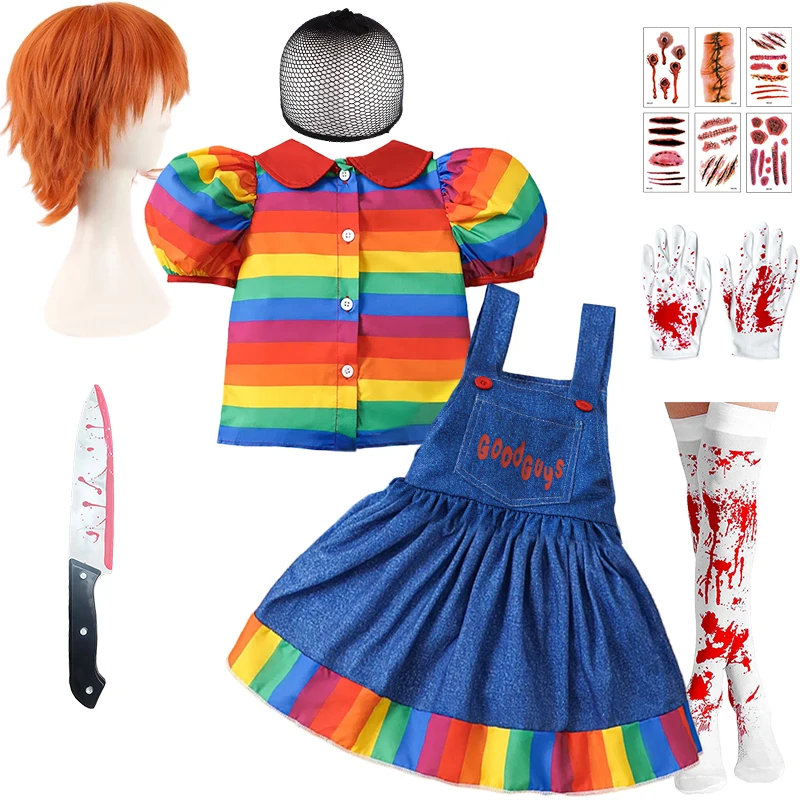 Halloween 2025 Toddler Baby Girl Cosplay Ghost Doll Chucky Costume Carnival Kids Rainbow Striped Shirt Overalls Infant Clothing