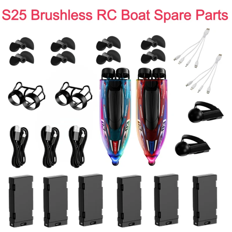

Запасные части и аксессуары для радиоуправляемой скоростной лодки S25: бесщеточный двигатель, аккумулятор 3.7V 800mAh, защитная рамка для пропеллера, USB-кабель