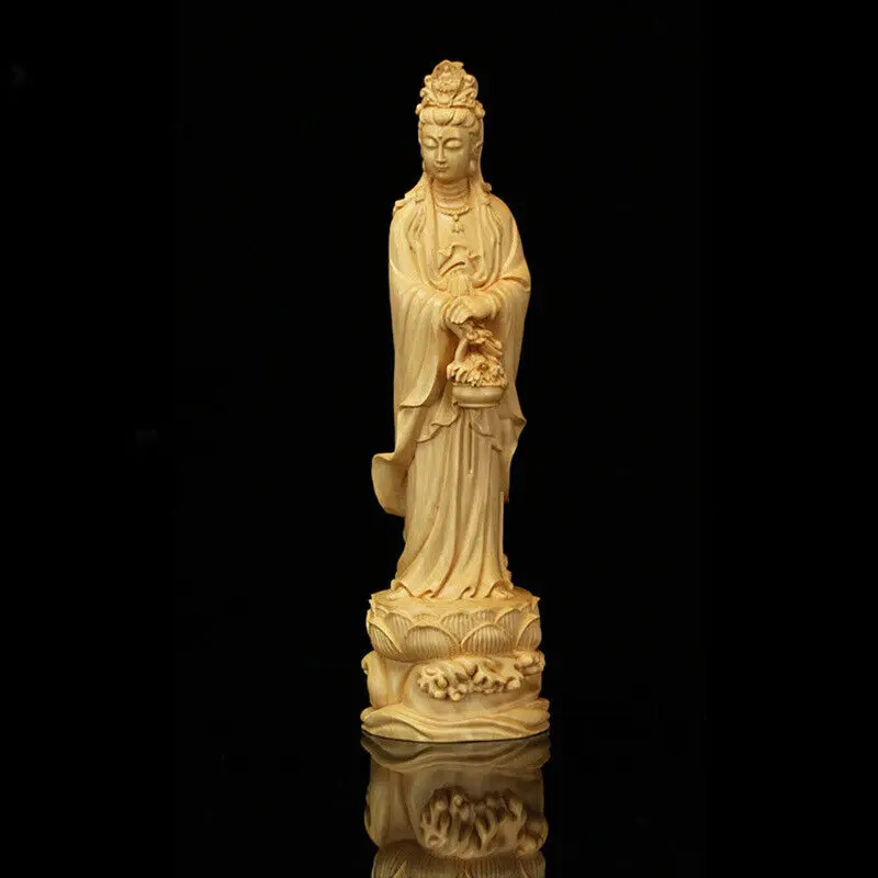 

Collect China Box-Wood Carve Holding The Basket Guanyin Ornament Statue