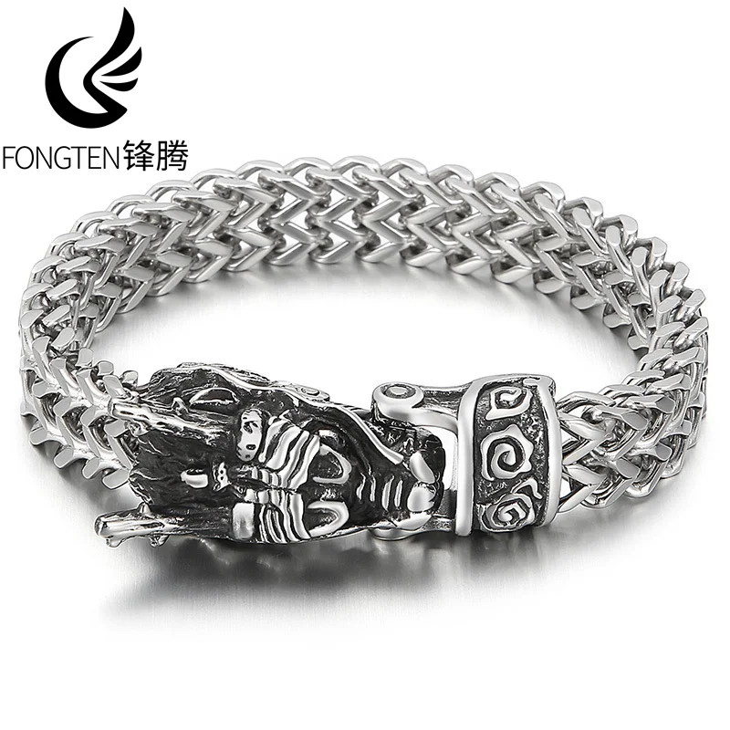 Fongten Dragon Bracelets For Men Stainless Steel Braided Mesh Link Chain Viking Wrist Male Gold Color Bangles Jewelry Gifts