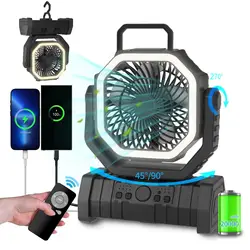 20000mAh USB Rechargeable Camping Fan Portable Air Circulators Wireless Fans 270 ° Head Rotation Tent Fan with Hook