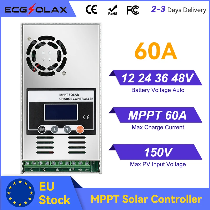 ECGSOLAX 60A MPPT Solar Charge Controller 12V 24V 36V 48V Auto Solar Panel Regulator LCDDisplay ForLead Acid Lithium Battery