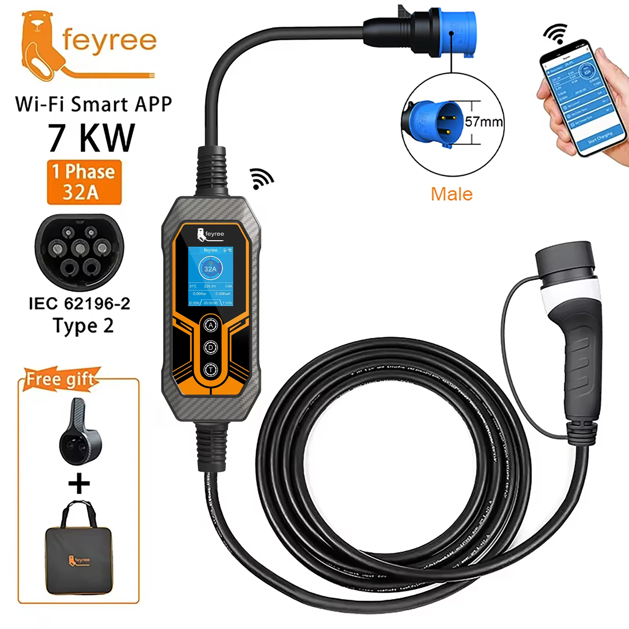 Feyree Tragbares EV-Ladegerät Typ2 32A 7kW EVSE WLAN-App-Steuerung Einstellbarer Strom Intelligente Zeitgesteuerte Aufladung für Heim- und Außeneinsatz