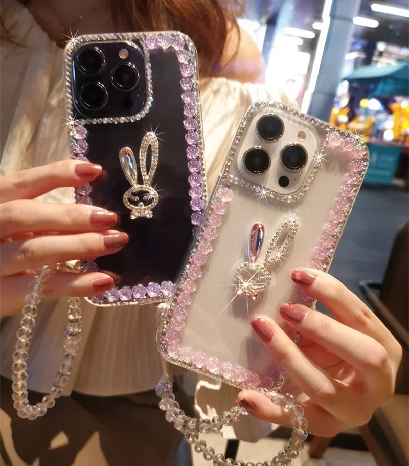 Cute Rhinestone Rabbit Phone Case For iphone 15Pro 14Plus 13 Pro 12 Mini 11Pro MAX XSMAX XR 16 PLUS Crystal Flowers Clear Cover