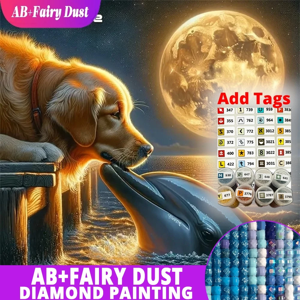 

AB Fairy Dust DIY Diamond Painting Dog Animal Full Square Round Dolphin Mosaic Moon Craft Kit Handmade Hobby Unique Gift