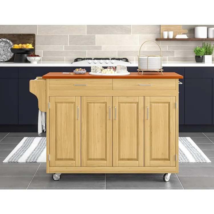 Create-a-Cart Cottage Natural Finish Four-door Cabinet with Oak Top, Four Wood Panel Doors, Three Adjustable Shelves