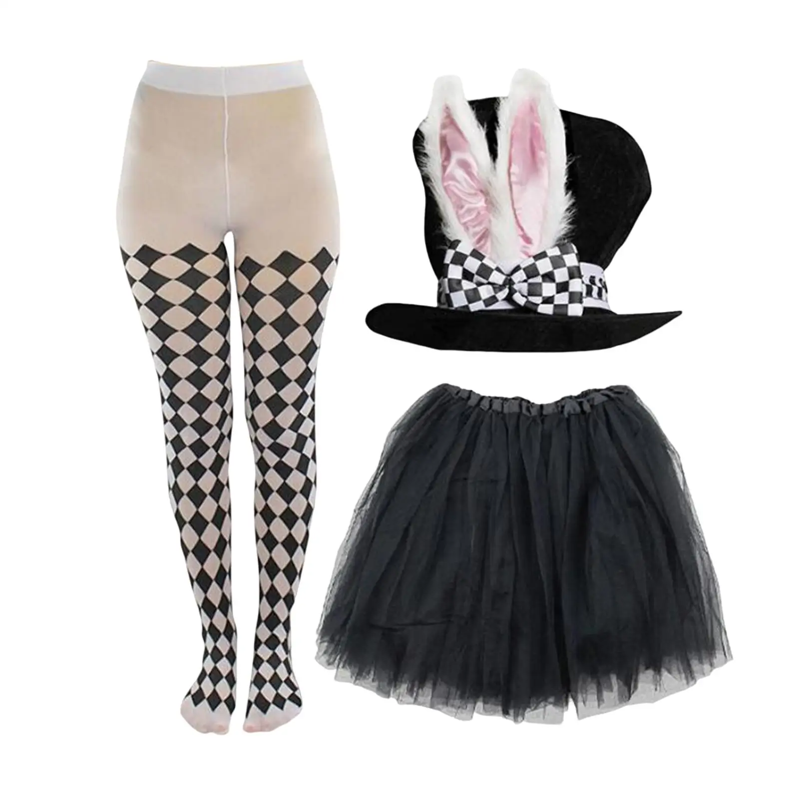 Novedad, conjunto de medias y falda de Pascua, sombrero de copa, disfraces con Orejas de conejo, tocado con lazo a cuadros para fiesta, vacaciones, Cosplay, cumpleaños