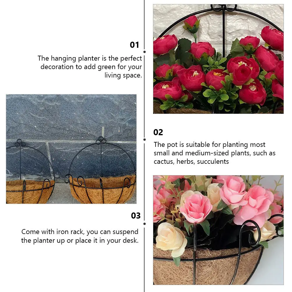 2 قطعة وعاء نبات معلق سلة زهور جوز الهند الزخرفية للداخلية في الهواء الطلق حديقة ديكور المنزل زارع معلق الحديد