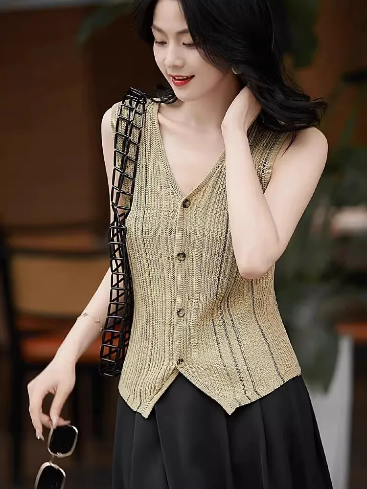 Faionable Knitted Svel V-Ne Cardigan Vest Versatile Top Slimming Straight Cut Commute Sle Korean Version Button D...