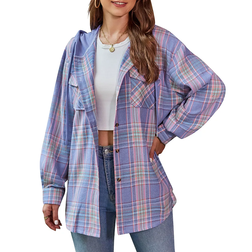 YJKDYK 2024 New Spring Autumn Women Coat Drawstring Hooded 2 Pocket Plaid Jacket Female Multicolour Casual Shirt Jacket Tops