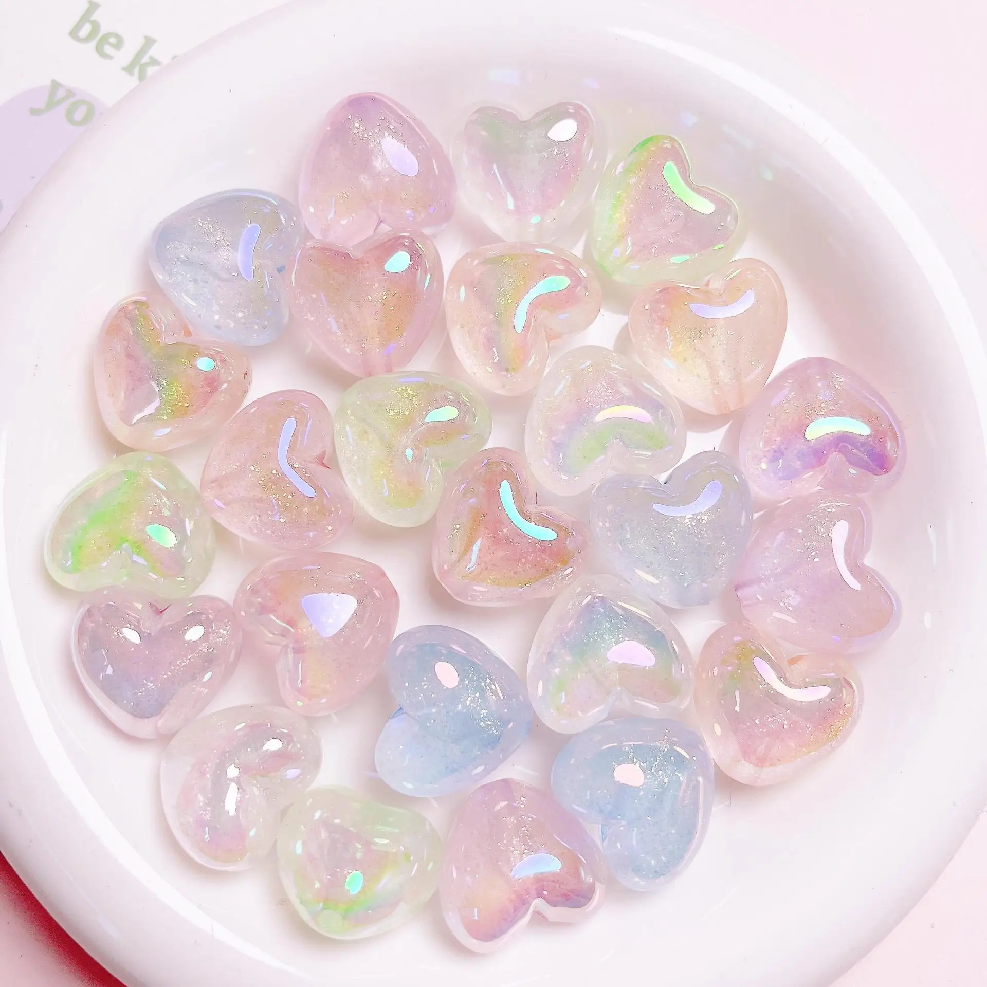 

DIY Jewelry Findings 21*19mm Glitter Luminous Style Acrylic Love Hearts Beads Plastic Necklace Earring Bracelet Making 70pcs