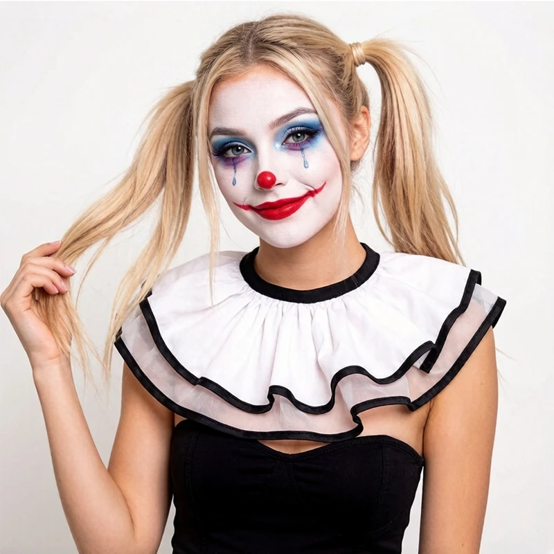 White Detachable Double Layered Ruffled Scarf False Collar Clown Neck Ruff Collar Lolita Cosplay Party Neckwear Accessories view 6