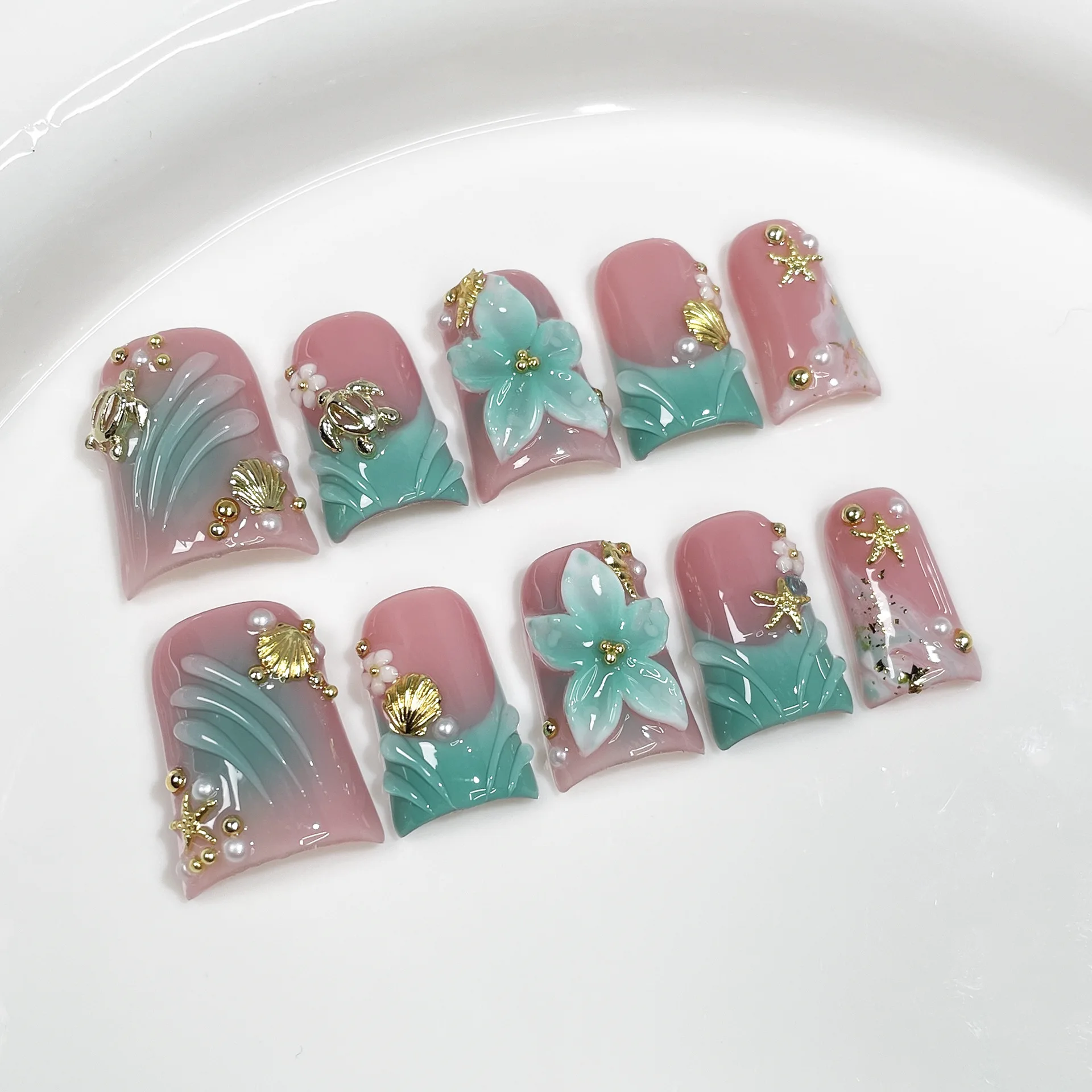 10 pçs estilo oceano unhas falsas pato bill imprensa em unhas conjunto artesanal 3d flores pérola arte do prego gradiente blush unhas falsas francesas