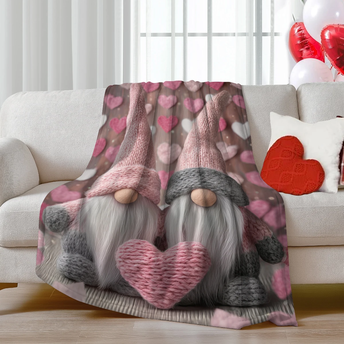 1pc Valentine's Day blanket, super soft and comfortable nap blanket, romantic couple gnome heart-shaped printed blanket, gifts