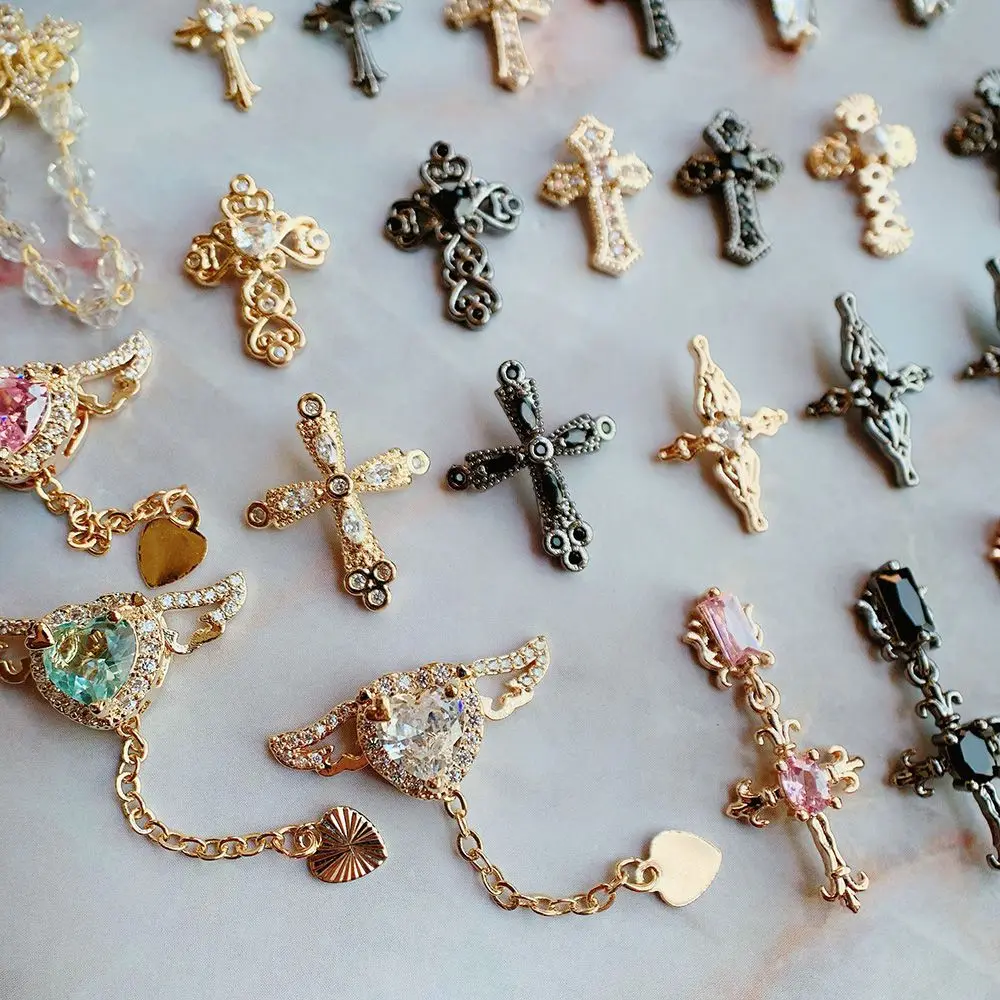 10pcs/lot Dark Black Cross Crucifix Heart Nail Art Parts Zircon Crystal Manicure Nails Accesorios Supplies Decorations Charms