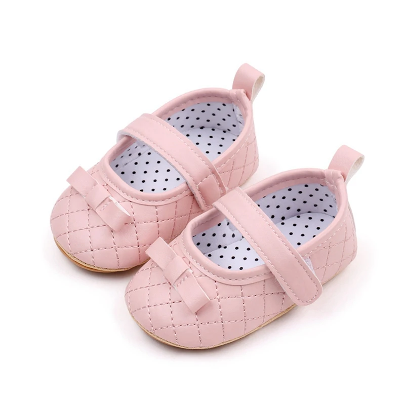 

Baby Girl Princess Dress Shoes Bowknot Mary Jane Flats Quilted Crib Shoes with Non-Slip Rubber Sole