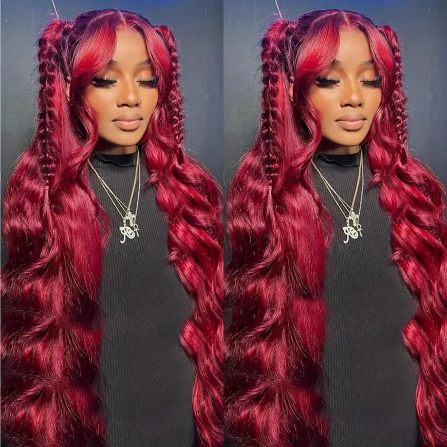 

Body Wave Human Hair Burgundy 99j 13x4 Lace Frontal Wig Baby Hair Wine Red For Women Bleached Knots Pre Plucked 180% Density