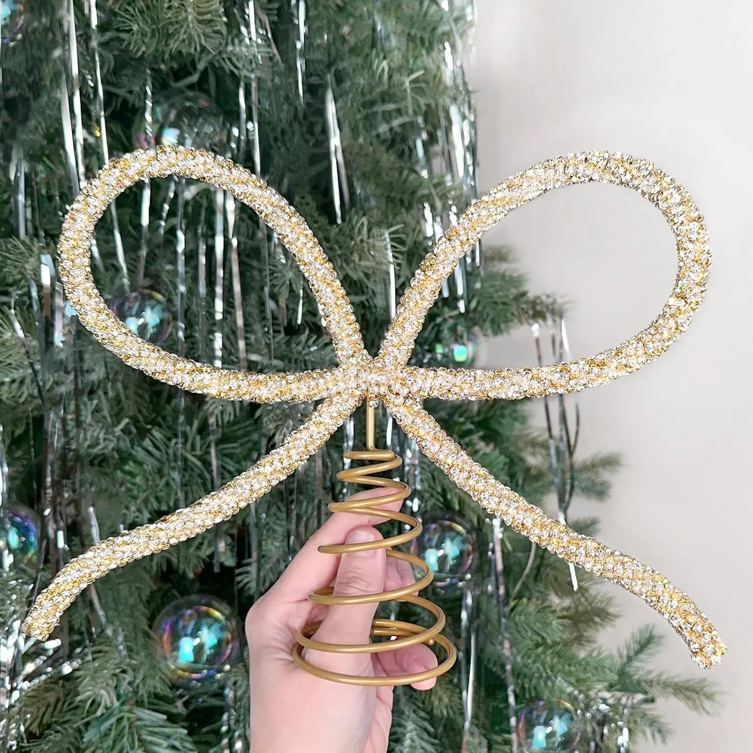 

Christmas Golden Glass Rhinestone Bow, Tree Top Decoration, Sparkling Festive Accessory, Indoor and Outdoor, Home Party