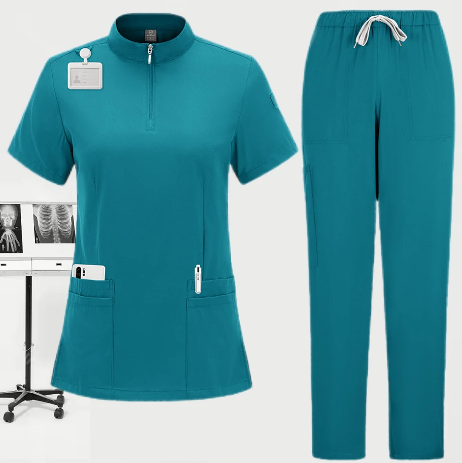 Nouveaux uniformes chirurgicaux médicaux femme gommage ensemble Salon de beauté vêtements de travail gommages cliniques haut poche pantalon vétérinaire médecin Zip combinaison d'allaitement