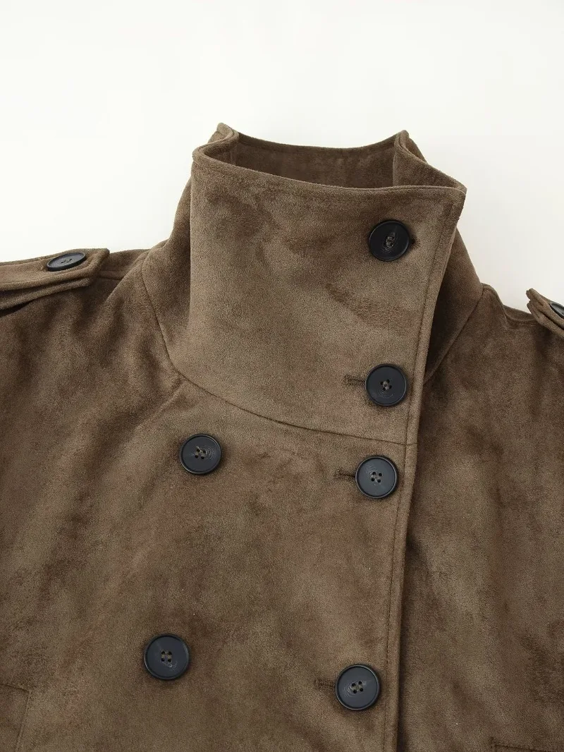 Damen-Weste aus Wildlederimitat, ärmellos, doppelreihig, mit selbstbindendem Gürtel, hohem Kragen, Taschen, Schulterklappen, Oberbekleidung, Top 2026 – Detail 2