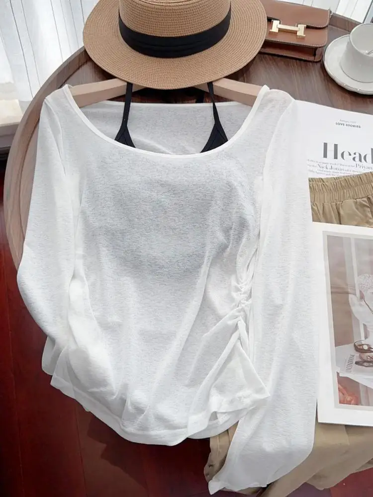 

Korean Women Solid O-neck Loose Casual Long Sleeve Knit T Shirt And Halter Lace-up Tops Spring Summer Sunscreen Suit Simplicity