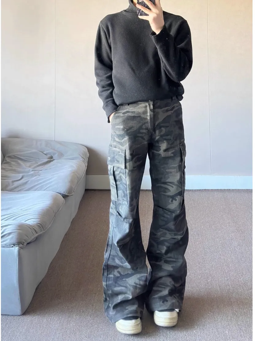 

Американские камуфляжные рабочие брюки в стиле ретро, мужские модные уличные брюки с несколькими карманами, прямые брюки с микро расклешенными широкими штанинами длиной до пола