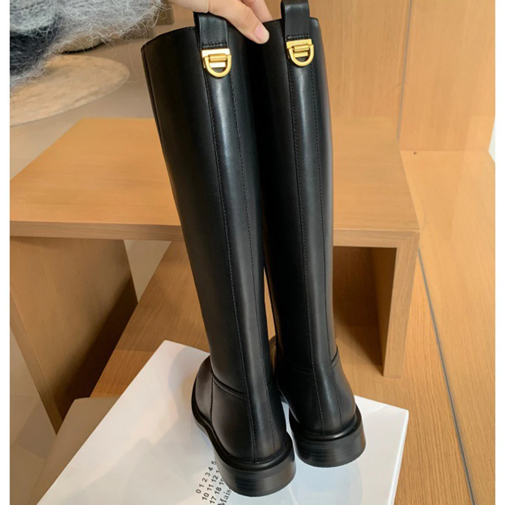 RIZABINA Women Knee Boots ReaL Leather Thick Heeled Winter Shoes Woman Long Boot Fashion Metal Buckle Winter Warm Daily Footwear