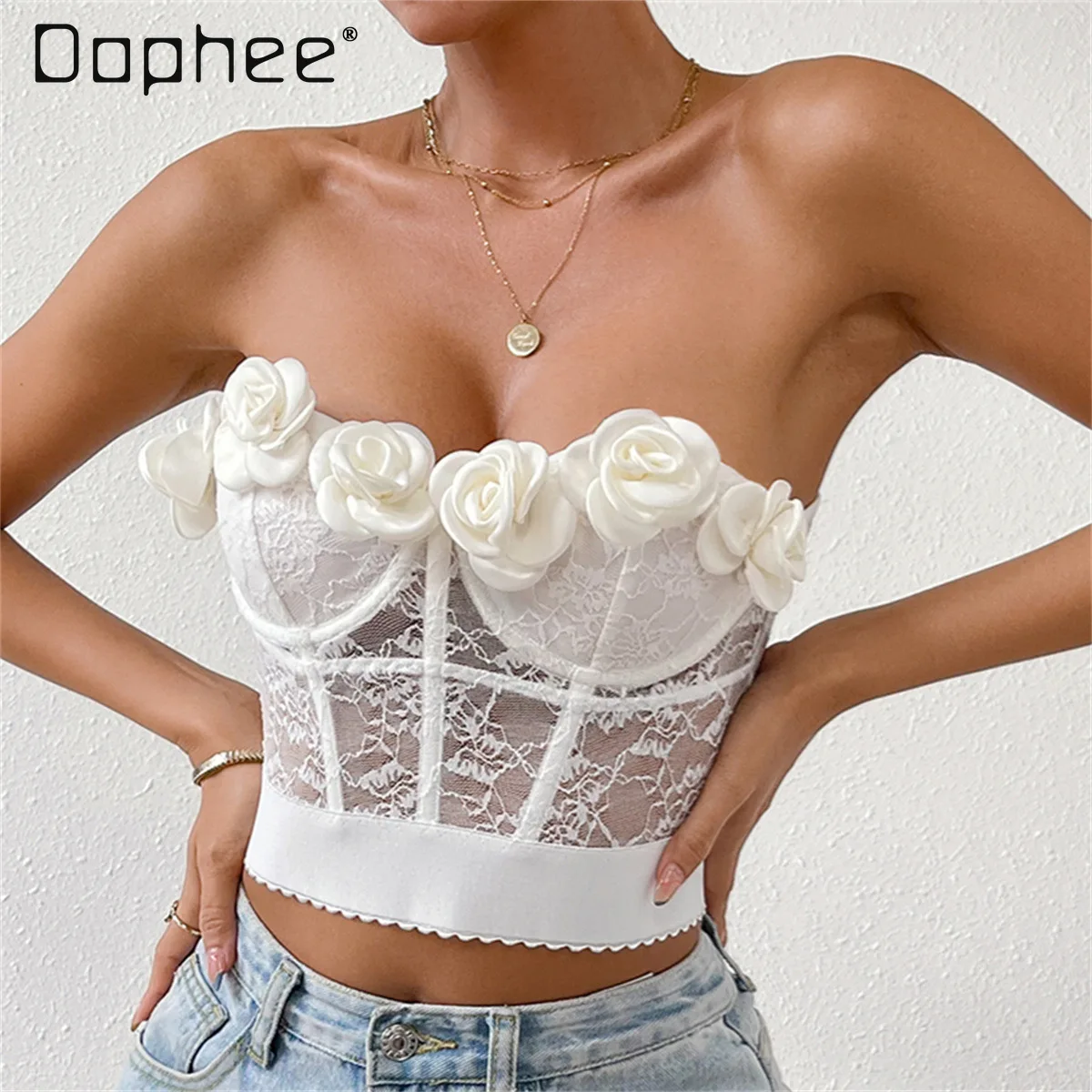 

Fairy 3d Flower Lace Fishbone Strapless Cropped Top Women Sleeveless Slim Sexy Backless Camisole White Female 2024 Summer New