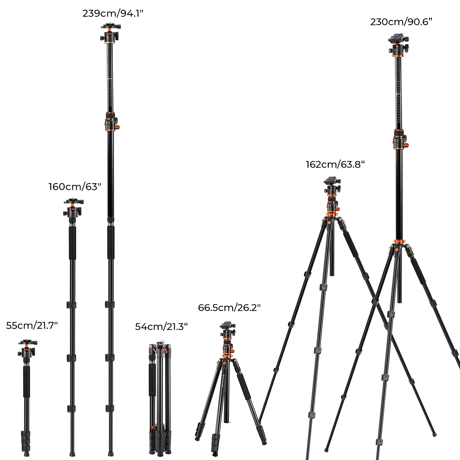 K&F Concept 90 inch/2.3m Professional Camera Tripods Aluminum alloy tripods Reversible Detachable Monopod 360 ° Head Ball