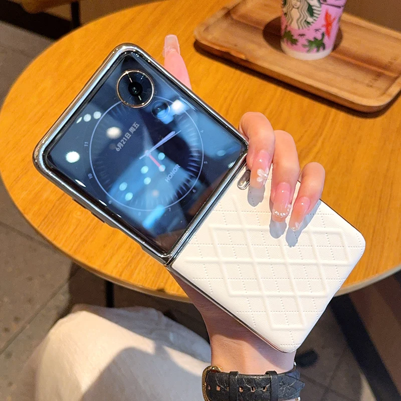 

For Honor Magic v Filp Leather Foldable Case Cubical Diamond Grid Pattern Raised Camera Lens Protection Plating Phone Case Cover