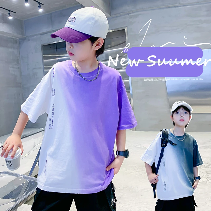 Kids Short Sleeve Loose Cotton Gradient T-shirt for Tweens Boy Fashion Summer Clothes Tshirt Teens Child Casual Tee Tops Outfit