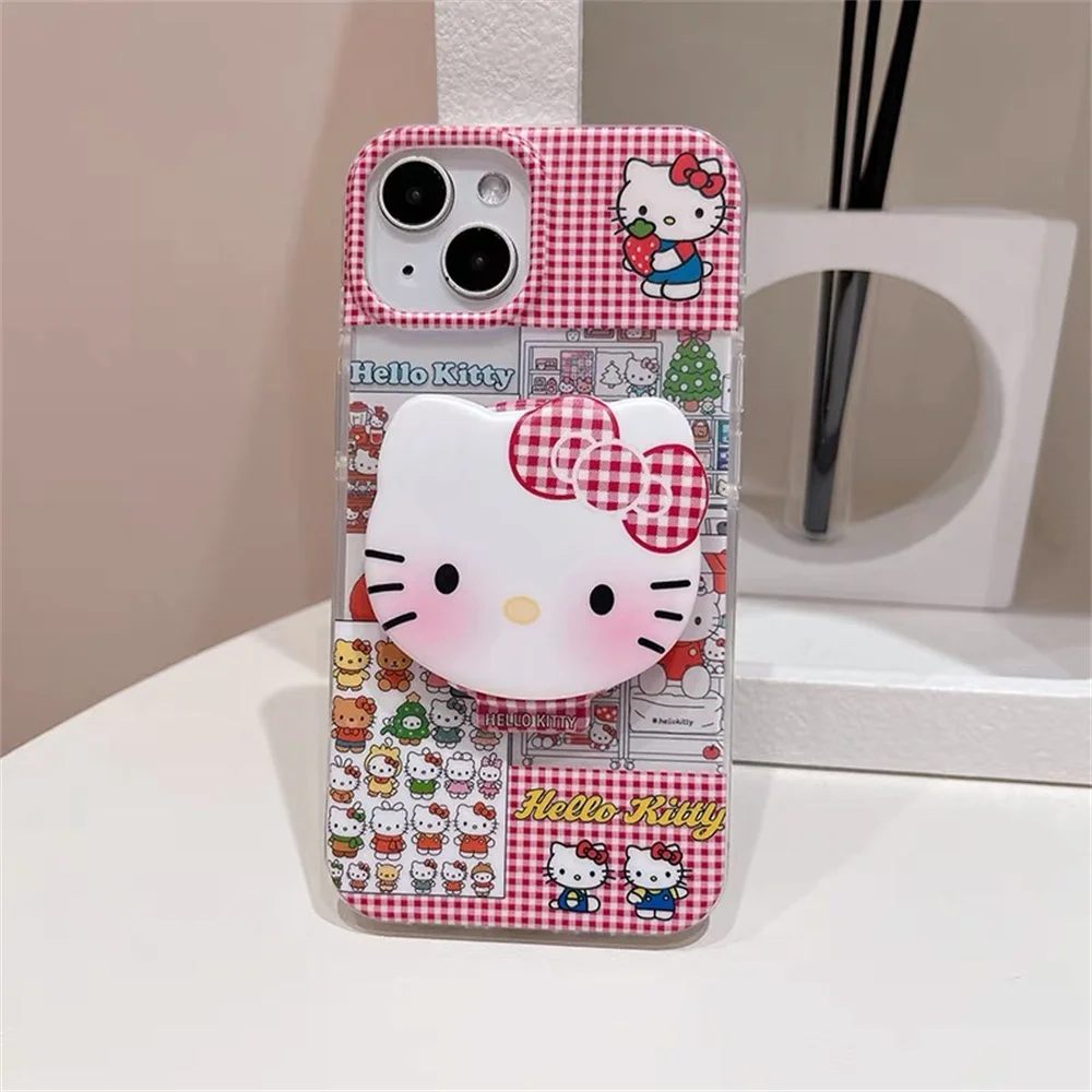 

Cute plaid Hello Kitty magnetic stand phone case for iPhone 13 14 pro 15 16 promax cover Sanrio cartoon new shockproof cover