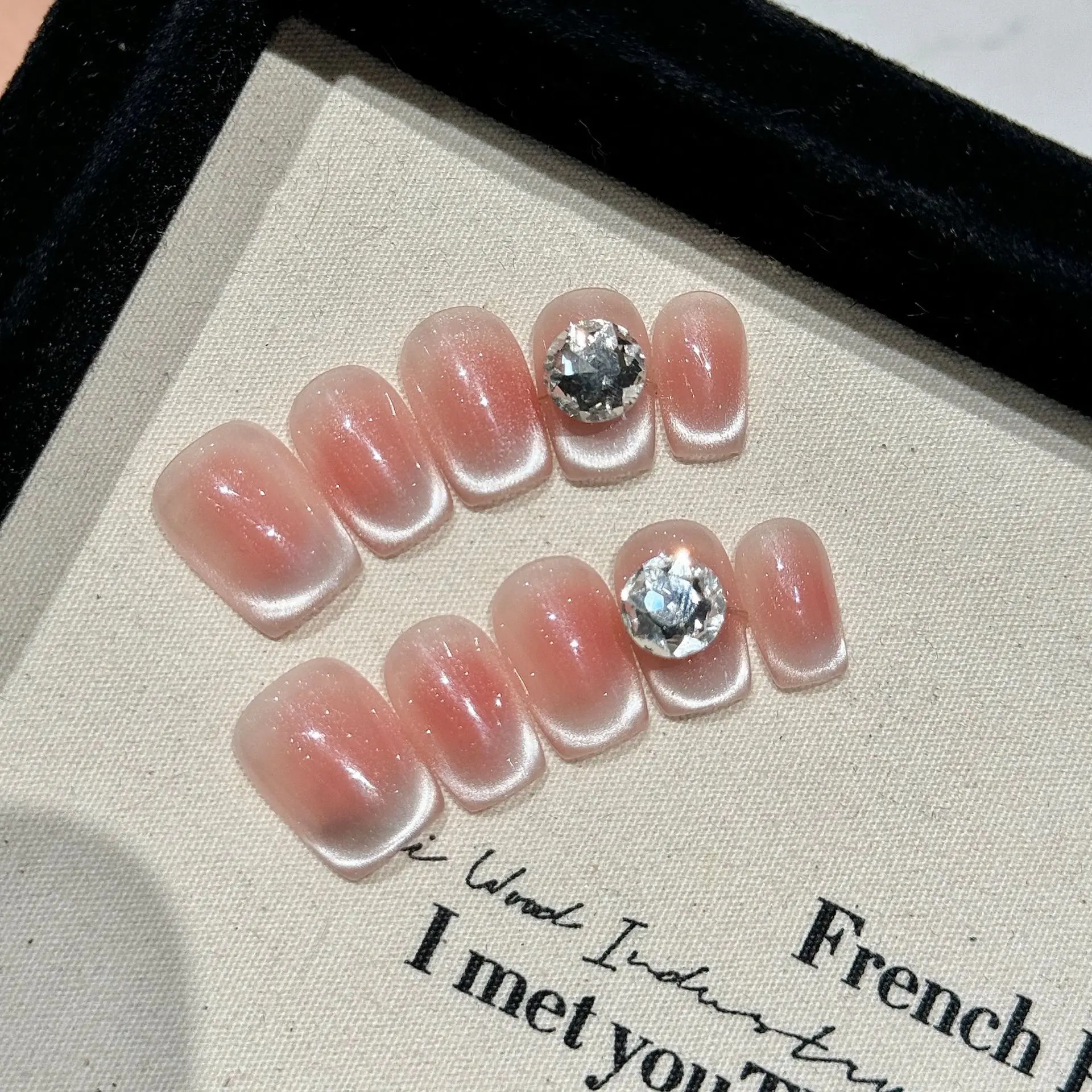 

10Pcs Nude Pink French Handmade Fake Nail Full Cover Nail Tips with Rhinestone Short Ballet False Nails Cat's Eye Press on Nails