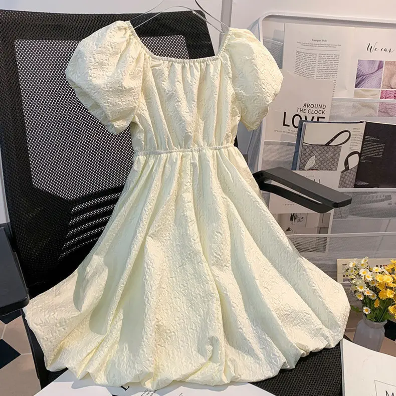 2026 summer Dresses kid baby party princess Girls short white puff sleeve bow Teenager A-LINE pleat dress 4 8 10 12 14 Years