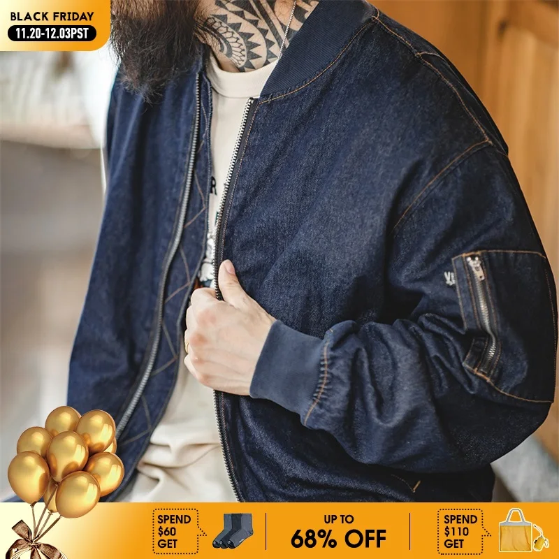 

Maden Vintage Denim MA-1 Flight Jacket 8.9oz Baseball Collar Bomber Jackets(Only size L is available for this style.)